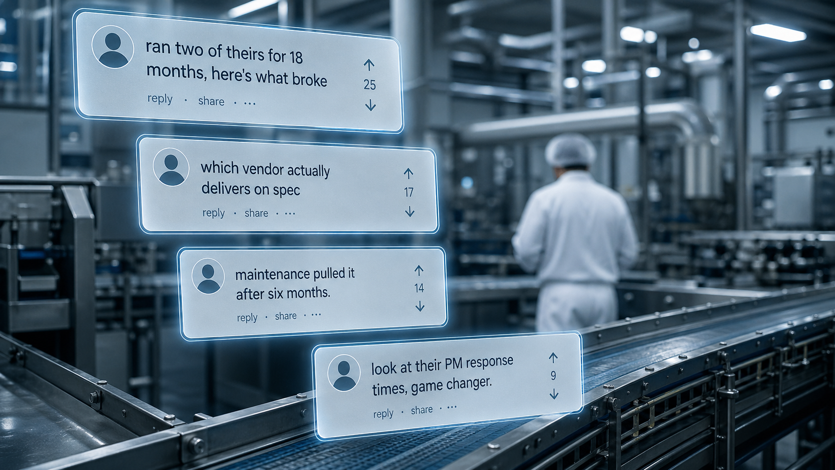 reddit-looking review thread over the top of an industry factory line in the background