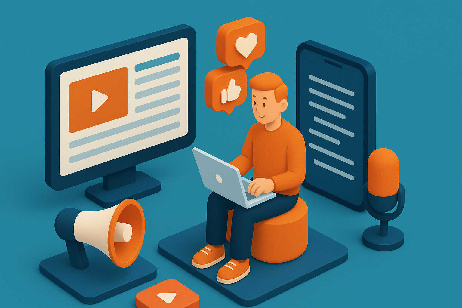 3d illustrated image of a man sitting with a laptop with various media hardware around him