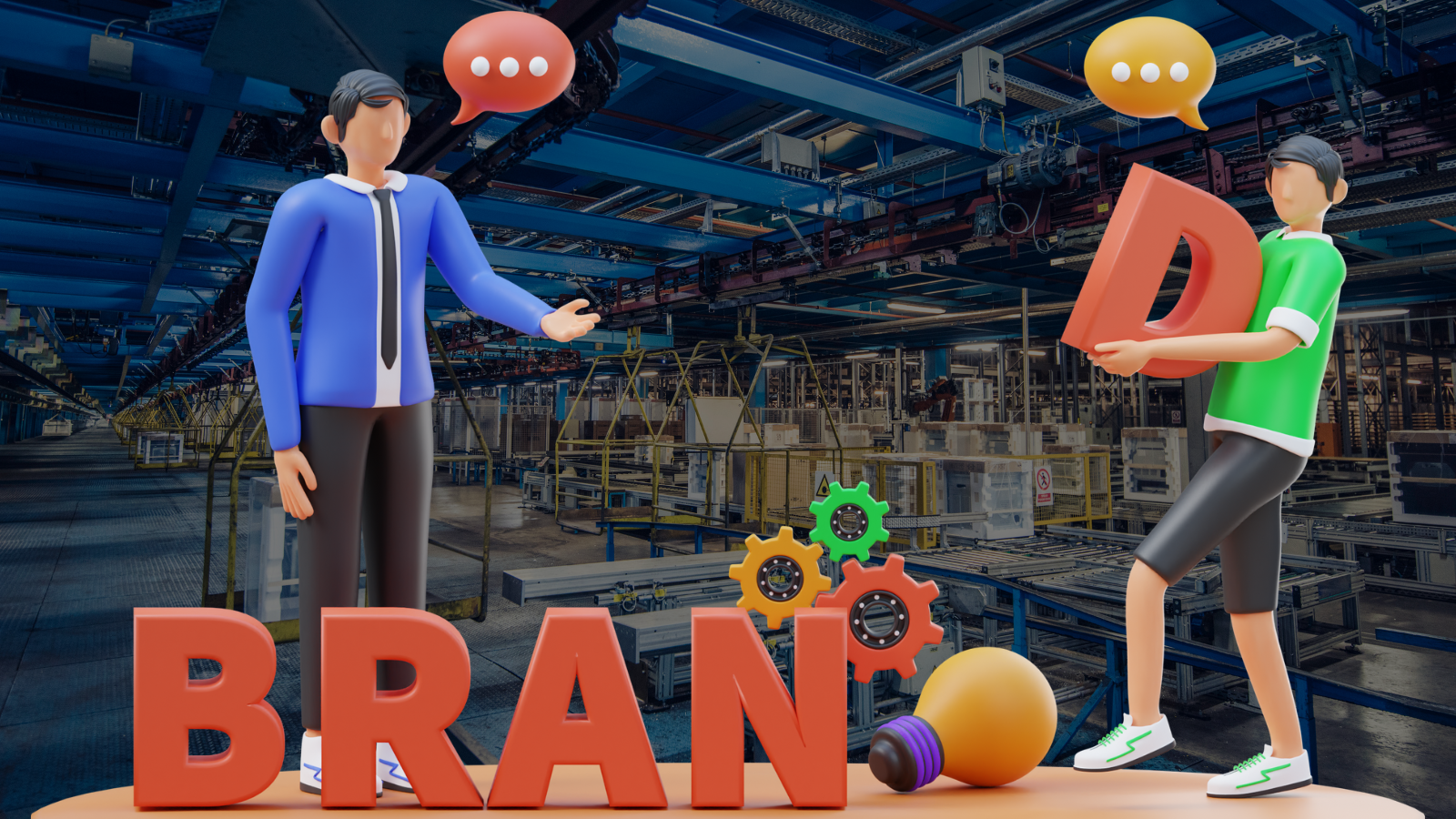3d illustration of the word brand and people building it