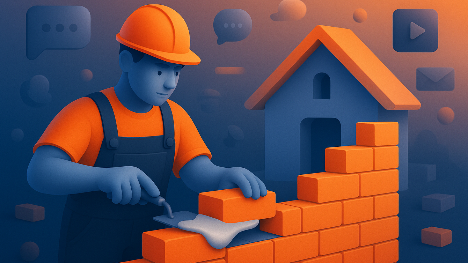 3d illustration of someone layering bricks on a wall with concrete and marketing icons in the background