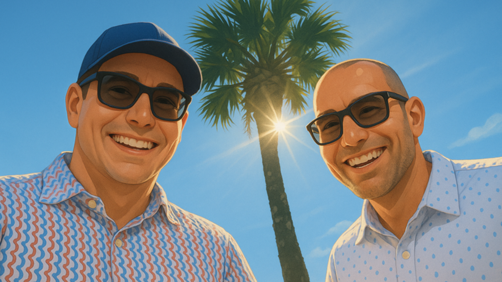 animated image of two guys standing in front of a palm tree