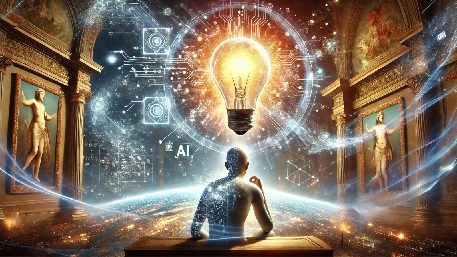 futuristic image of a man facing a digital screen with a lightbulb going off and renaissance paintings on both sides