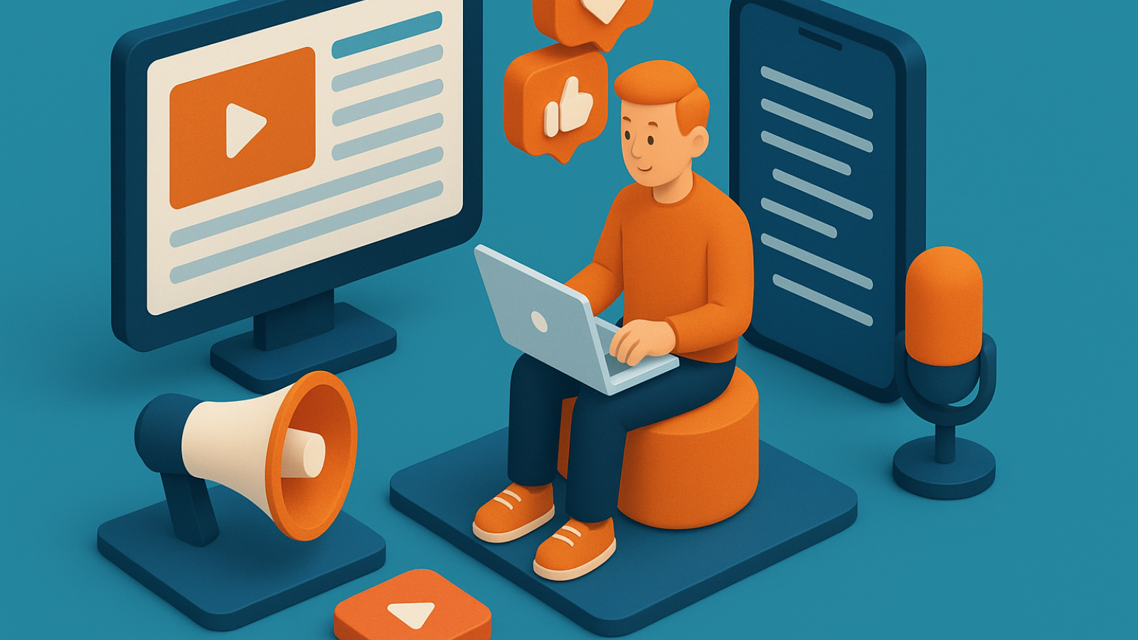 3d image of a guy on a laptop with various marketing objects around him