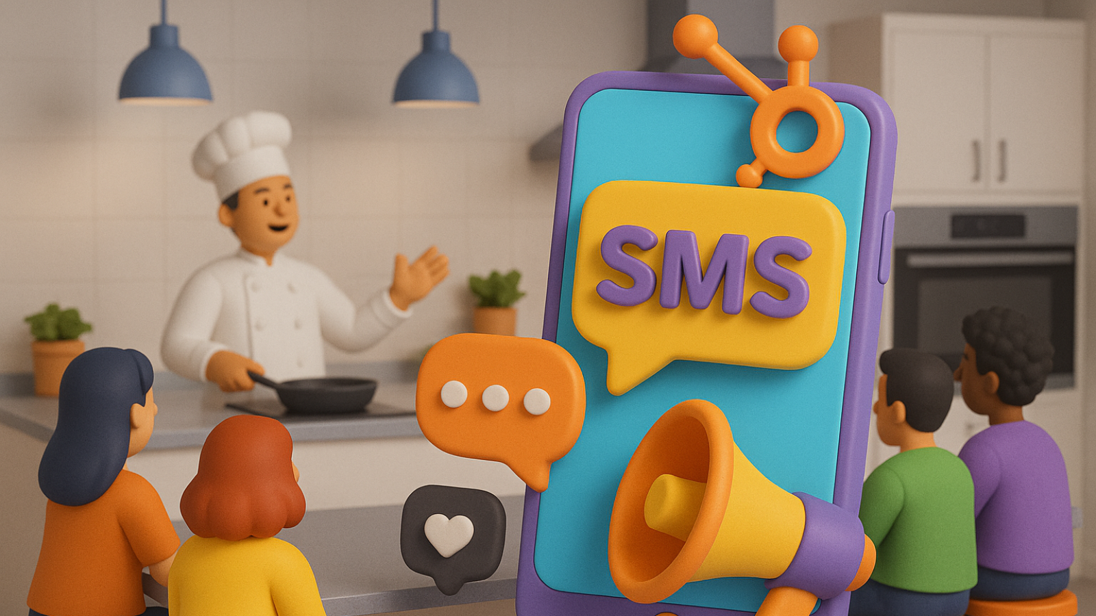 3d image of a test kitchen demonstration with a hubspot logo and sms mobile phone in the FG